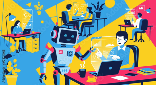 Robot and human coworkers in modern office space with laptops