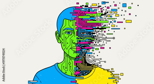 Disintegrating man with pixels flying away