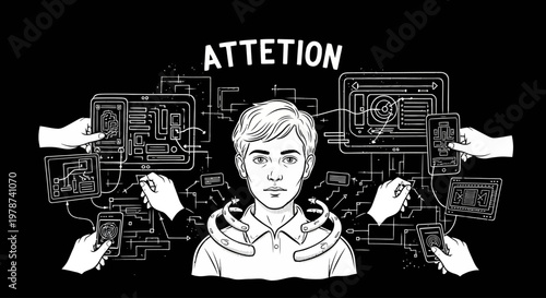 Distracted young man overwhelmed by technology and multitasking