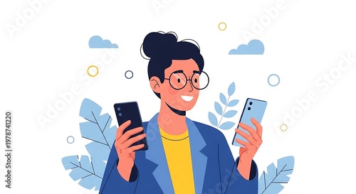 Illustration of a woman holding two smartphones, smiling, surrounded by abstract plants and clouds