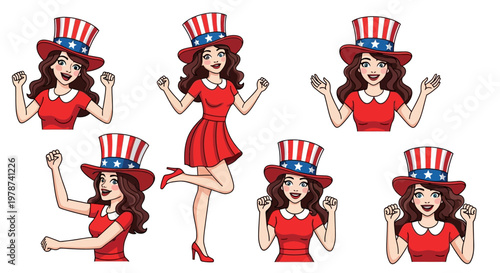 Patriotic Woman Celebrating in Uncle Sam Hat and Red Dress, Cheering with Excitement