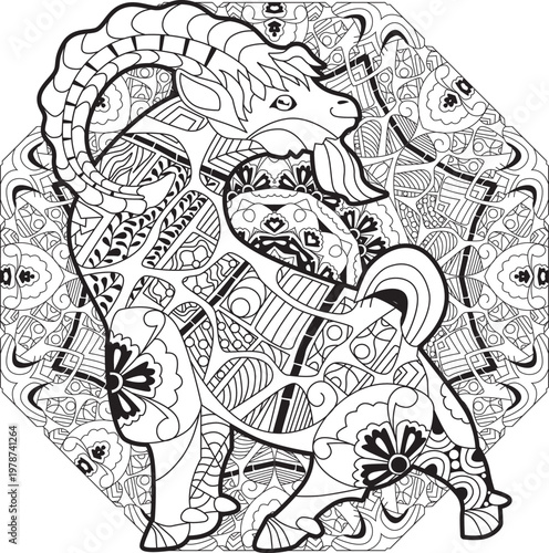 Goat. Hand drawn decorative vector illustration for coloring on mandala