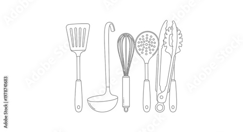 A set of kitchen utensils line art.