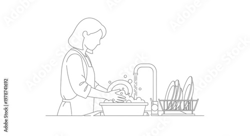 Woman washing dishes in kitchen sink.