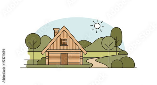 a cartoon house in a rural setting.