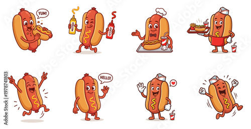 Hot Dog Mascot Characters in Multiple Poses, Cartoon Fast Food Illustration Pack for Snack Bar and Stadium Concession Branding