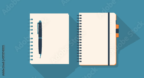 Two spiral bound notebooks and pen.