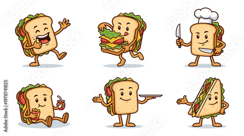 Sandwich Mascot Characters in Multiple Poses, Bright Cartoon Food Illustration Pack for Deli Branding and Lunch Special Marketing