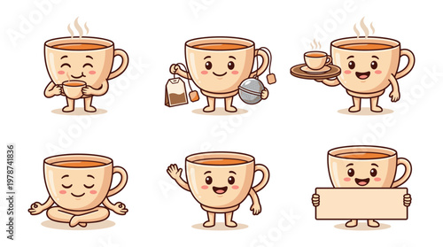 Tea Cup Mascot Characters in Multiple Poses, Cartoon Beverage Illustration Pack for Tea Room Branding and Relaxing Drink Marketing
