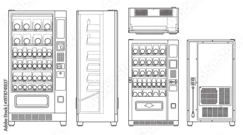 Vending Machine Technical Drawing Blueprint – Front Side Top and Bottom Views Line Art Vector