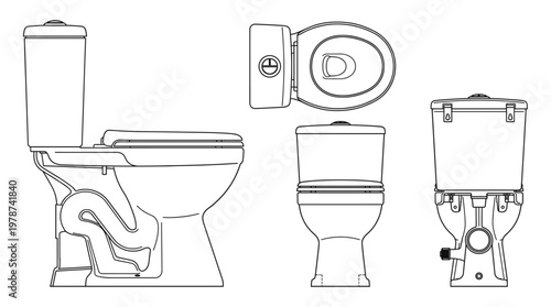 Toilet Technical Drawing Blueprint, Front Side Top and Bottom Views Line Art Vector