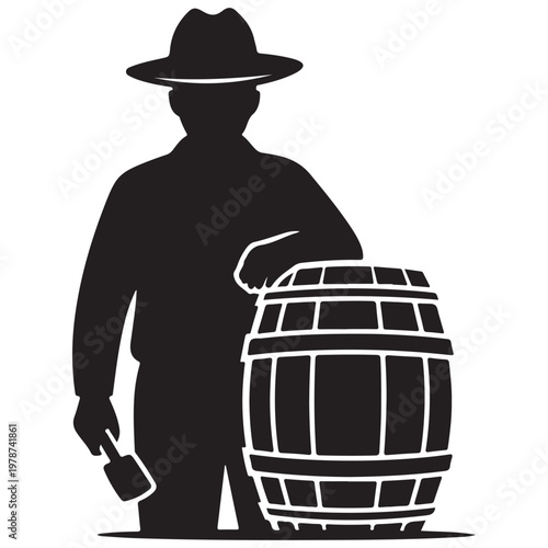 Silhouette of a man in a hat leaning on a wooden barrel holding a scoop vector illustration for brewery or winery branding