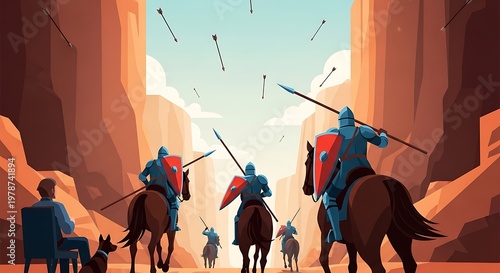Knights on horseback charging through a canyon, facing arrows, watched by a man