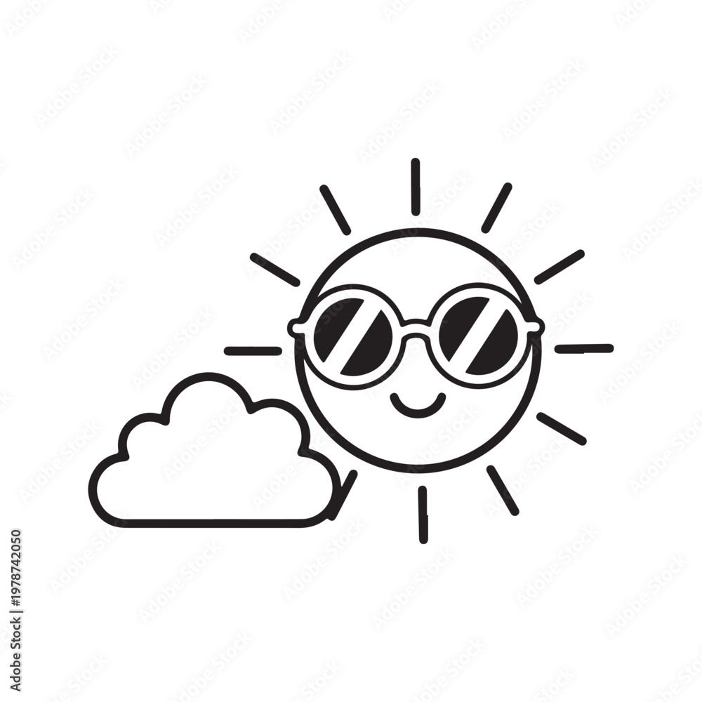 Naklejka premium Fun, smiling sun icon with sunglasses and cloud, black line art vector