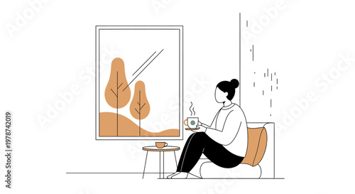 Woman sitting on couch with coffee.