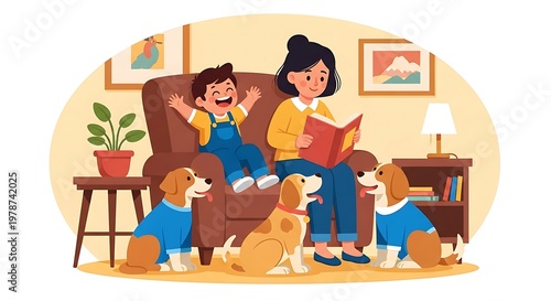 Mother reading to child on sofa with three dogs in a cozy living room scene