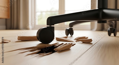 Office chair wheel causing damage to wooden floor, splintered wood, bright window light