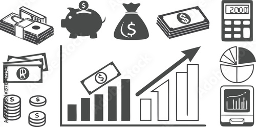 Set Flat Business Icons, money signs. Set of Money bag icons. Line money bag icon , black and white sack, Flat Money bag Vector illustration. - stock vector