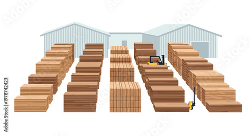 Outdoor lumber yard featuring rows of neatly stacked wooden planks situated in front of two corrugated metal warehouses with a yellow pallet jack nearby.