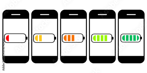 Battery icons set. Battery Charging Icon symbol, Set of 5 outline icons  battery, charger, Battery indicator symbols,Isolated on white background