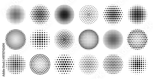 Halftone dot gradient circles with smooth tonal transitions. Vector abstract pattern background featuring geometric round shapes in radial fade effect design.