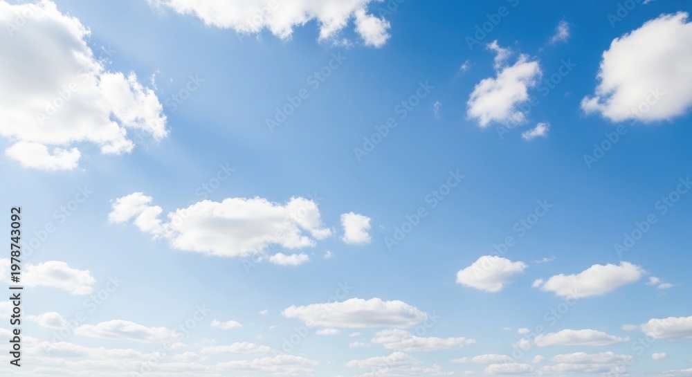Fototapeta premium Fluffy white clouds drifting across a bright blue sky with sun glare