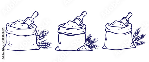 Three sacks of flour with scoops and wheat ears, line art drawing, isolated on white background.