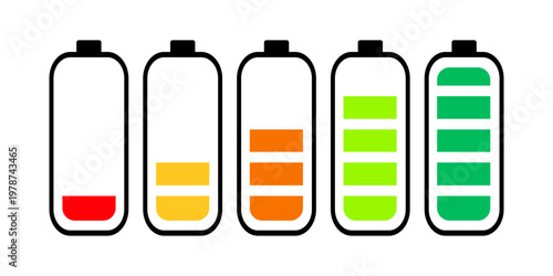 Battery charging indicator icon vactor set. Battery Charging Icon symbol, Set of 5 outline icons  battery, charger, Battery indicator symbols, symbol background