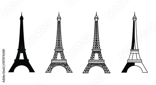 Four stylized illustrations of the eiffel tower in varying detail