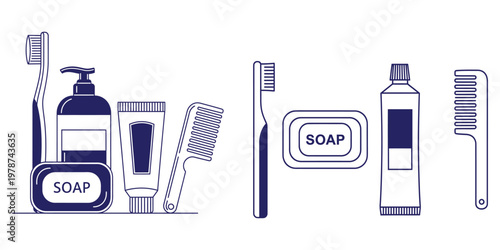 Set of bathroom hygiene essentials including toothbrush soap toothpaste and comb in simple line art illustration style.