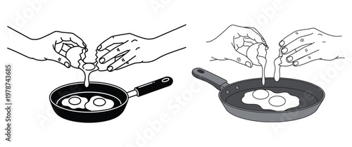 Hands cracking eggs into frying pan with eggs cooking for breakfast meal preparation and cooking process.