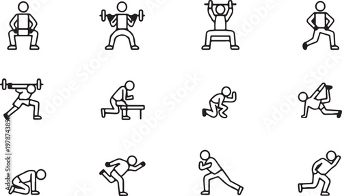 Fitness workout icon set, gym exercise stick figure collection, minimal line vector pack