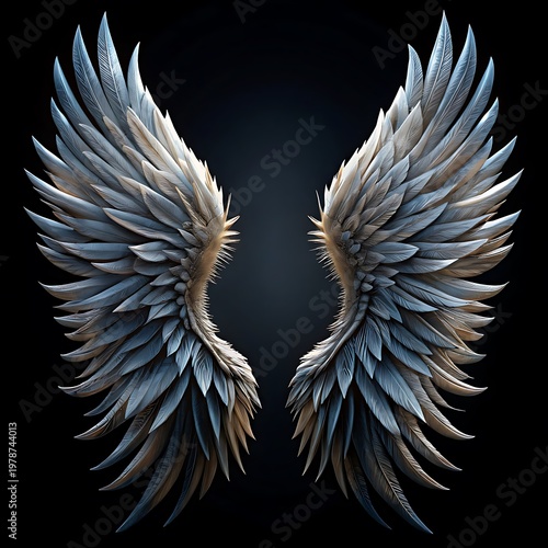 angelic wings, large imposing feathered wings, dark background