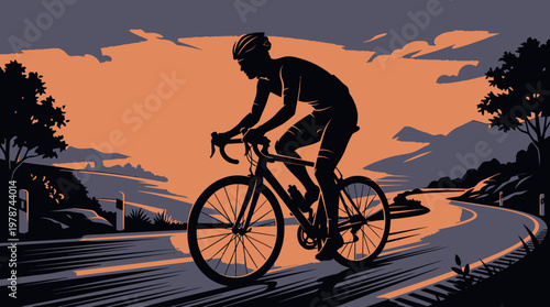 Man Riding Bicycle on Roadway Silhouette.