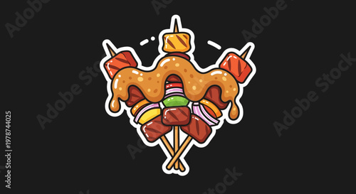 Stylized graphic of flavorful grilled skewers, featuring succulent meat and fresh vegetables topped with a rich, savory sauce, perfect for a culinary icon