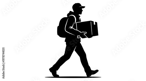 Man walking with box and backpack.