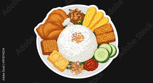 A Delicious Plate of Indonesian Food Featuring Rice, Fried Chicken, Tempeh, and Omelette