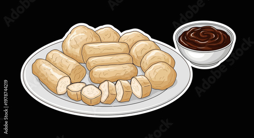 A delightful plate of fried snacks with a side of dipping sauce, perfect for any occasion