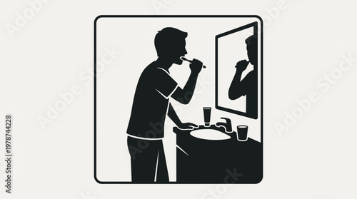 Man brushing teeth in bathroom.