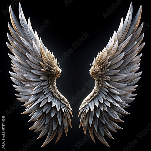 Pair of large angelic wings with gray and gold feathers on black background