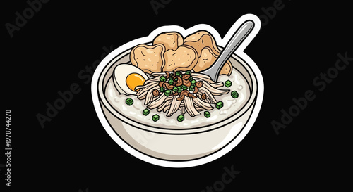 A comforting bowl of steaming chicken porridge, adorned with a boiled egg, crispy crackers, and fresh green toppings