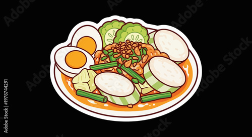 Delicious Southeast Asian Nasi Lemak Dish with Hard-Boiled Eggs, Cucumber Slices, and Rice Cakes, Garnished with Peanuts and Chili Paste