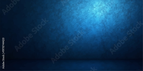 A dark blue grunge interior room features an empty aged concrete floor and a rough textured stone wall with a vintage dirty pattern for a blank design backdrop