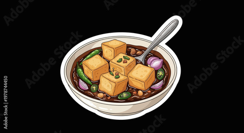 Illustration of savory fried tofu cubes in a rich dark sauce with onions and chilies, served in a bowl with a spoon, depicting a flavorful Asian appetizer