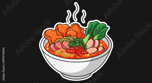 Steaming Bowl of Delicious Ramen Noodles, a Savory Japanese Dish with Rich Broth, Toppings, and Vegetables