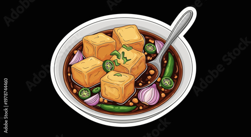 Delicious Tofu Dish With Vegetables in a Bowl, Featuring Sliced Onions and Chili Peppers