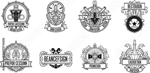 Vintage heraldic crest set ornate retro badges shields emblems engraving style vector collection decorative logo design