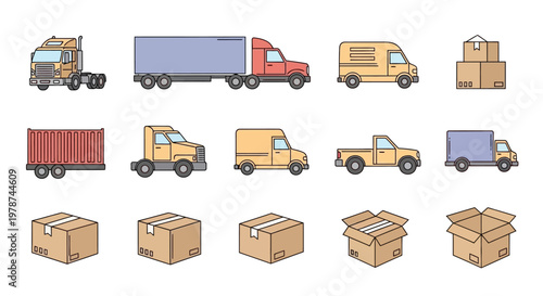 Trucks and cardboard boxes for delivery.
