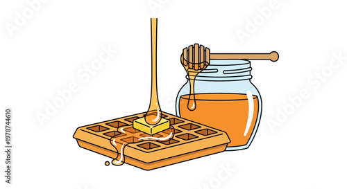Honey dripping on waffle and jar.