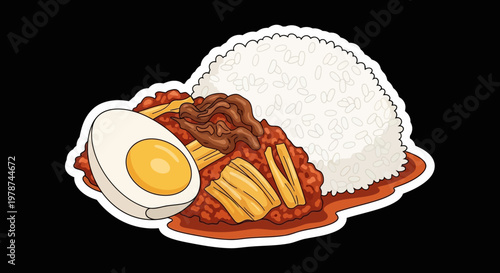 A visually appealing illustration of a traditional Nasi Lemak meal, featuring fluffy white rice, savory sambal, and a perfectly cooked hard-boiled egg, perfect for culinary themes